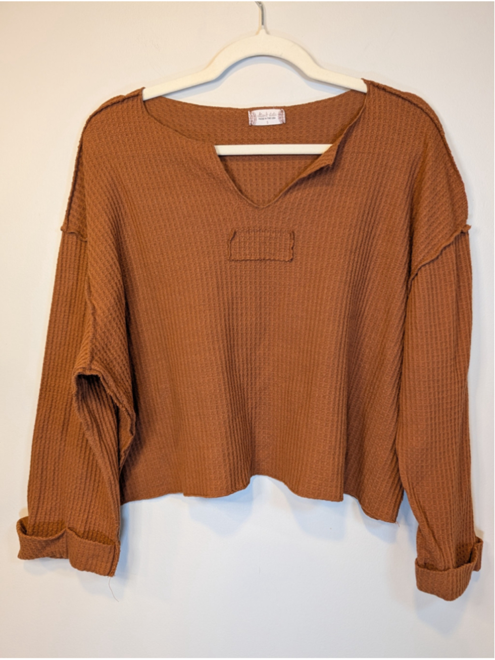 Altard State Rust Orange Waffle Knit Thermal Top Slouchy Crop Raw Hem Small